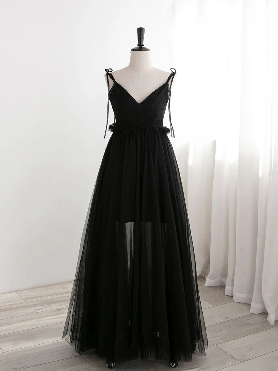 A-Line Black Tulle Long Prom Dresses Black Formal Evening Dresses
