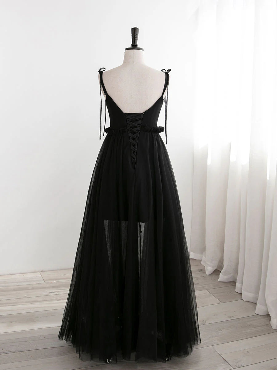 A-Line Black Tulle Long Prom Dresses Black Formal Evening Dresses