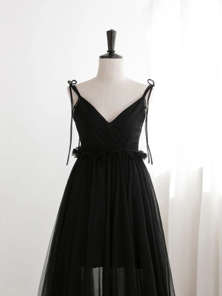 A-Line Black Tulle Long Prom Dresses Black Formal Evening Dresses
