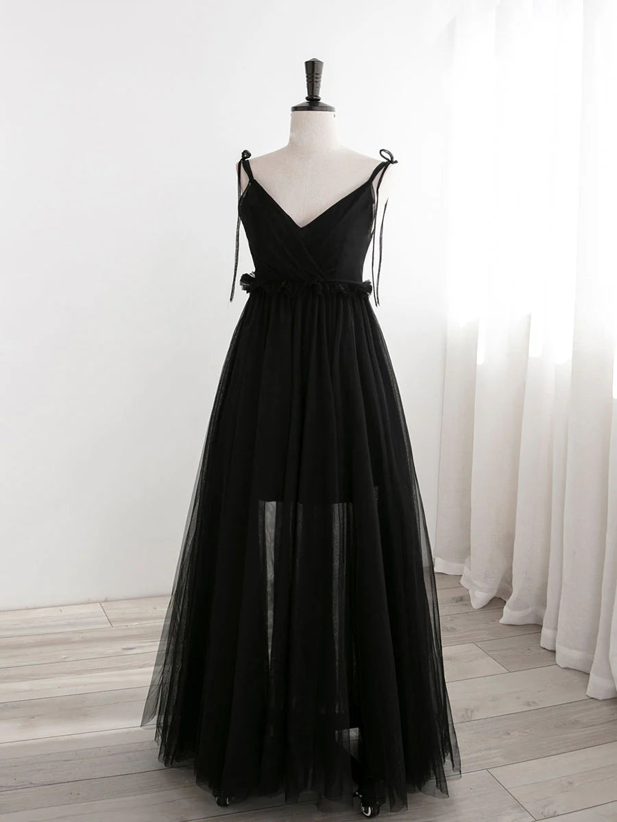 A-Line Black Tulle Long Prom Dresses Black Formal Evening Dresses