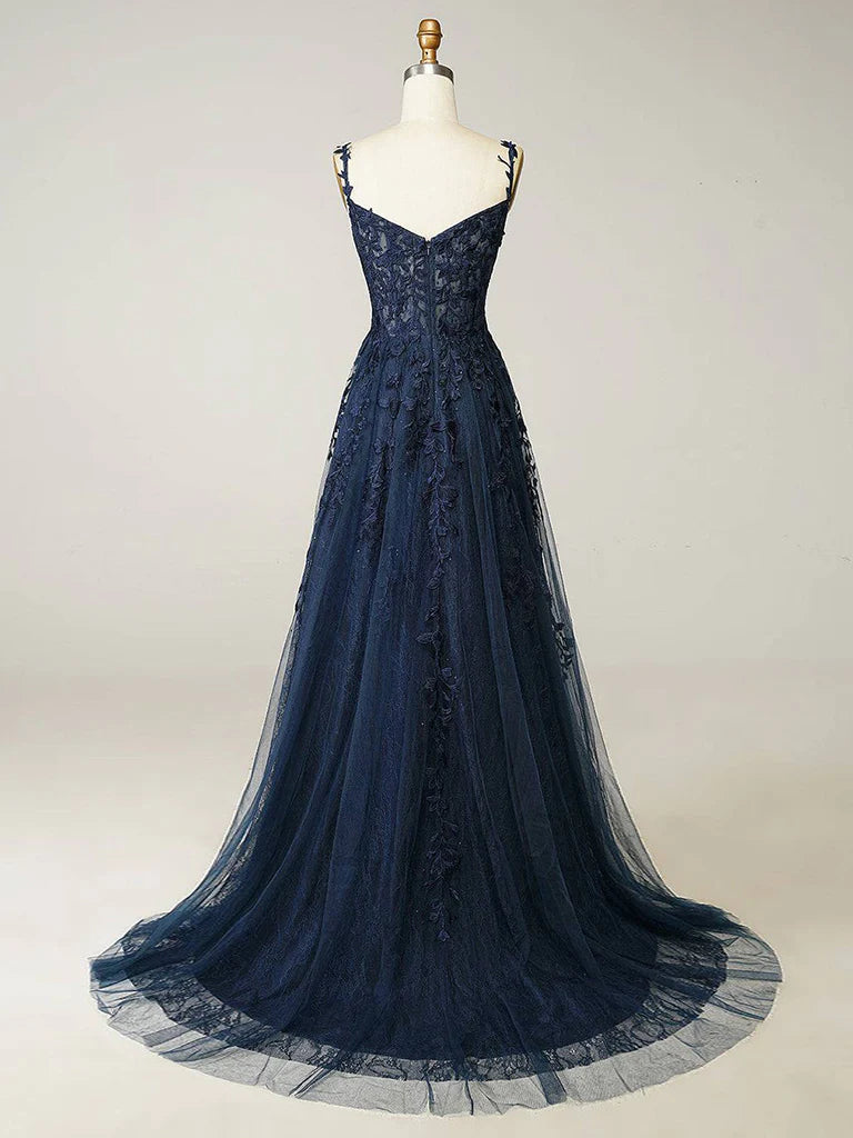 A-Line Elegant Sweetheart Neck Tulle Lace Dark Blue Long Prom Dress, Dark Blue Long Evening Dress