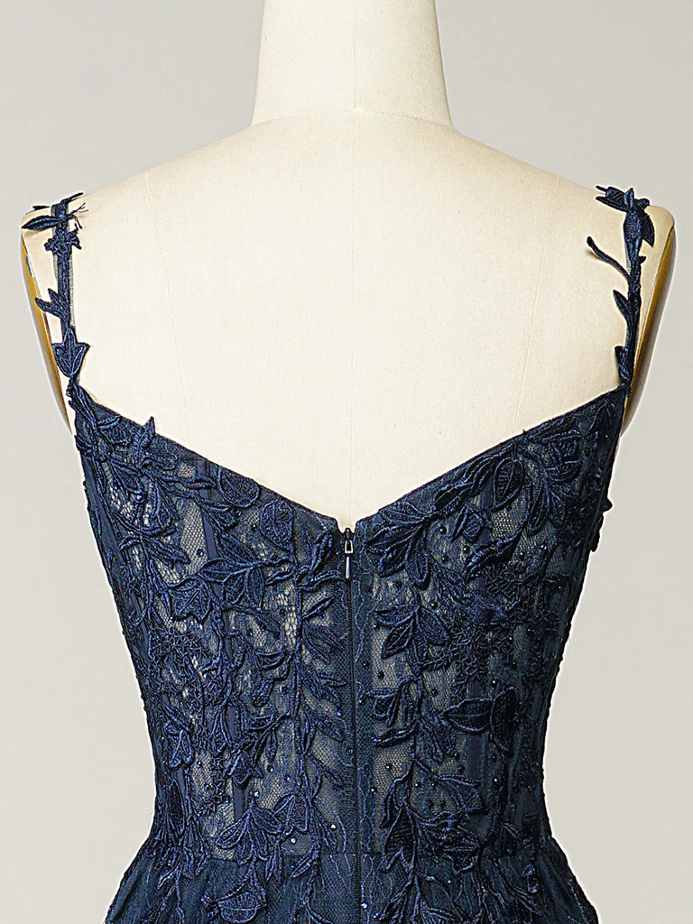 A-Line Elegant Sweetheart Neck Tulle Lace Dark Blue Long Prom Dress, Dark Blue Long Evening Dress