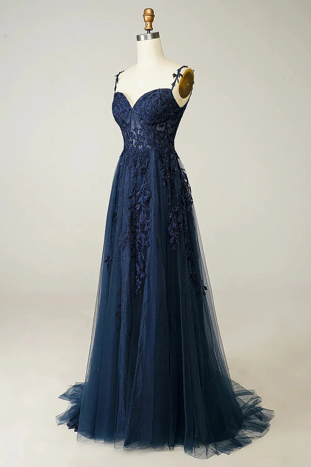 A-Line Elegant Sweetheart Neck Tulle Lace Dark Blue Long Prom Dress Dark Blue Long Evening Dress