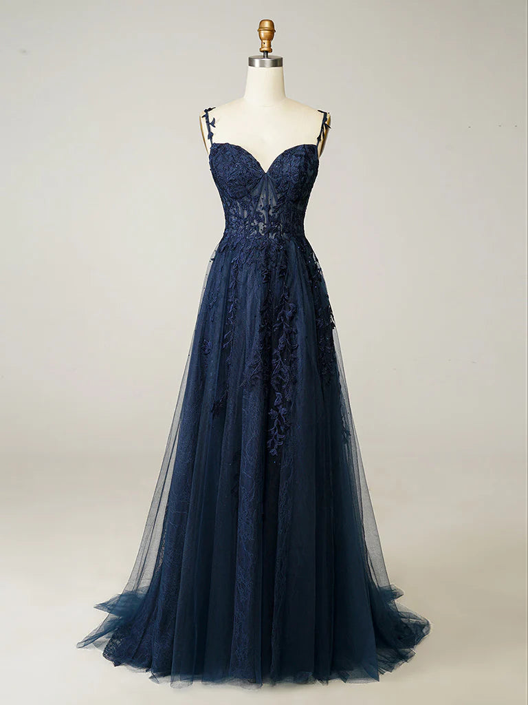 A-Line Elegant Sweetheart Neck Tulle Lace Dark Blue Long Prom Dress, Dark Blue Long Evening Dress