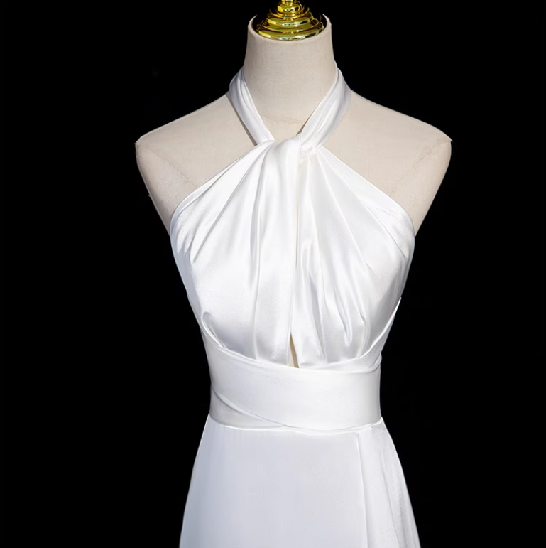 White halter neck satin mermaid formal long dress  white wedding dress