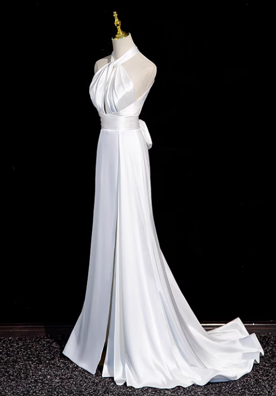White halter neck satin mermaid formal long dress  white wedding dress