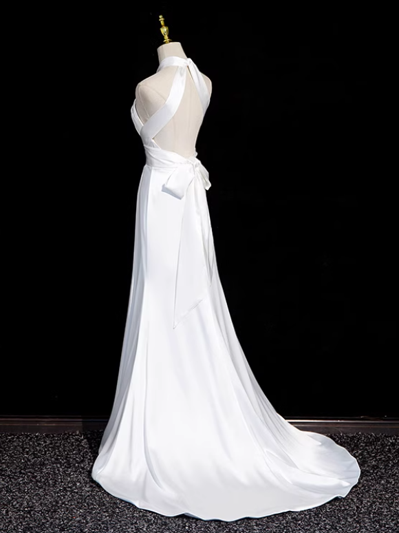 White halter neck satin mermaid formal long dress  white wedding dress