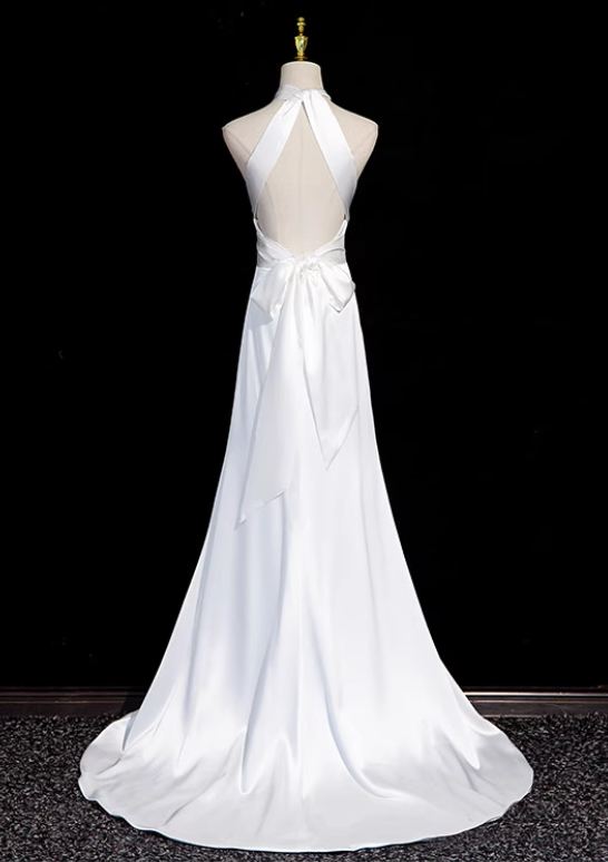White halter neck satin mermaid formal long dress  white wedding dress