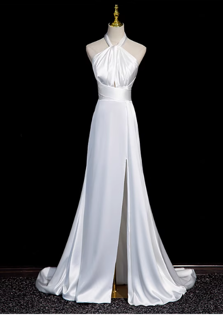 White halter neck satin mermaid formal long dress  white wedding dress