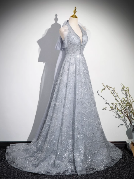 A-line V-neck mesh sequin long prom dress evening dress