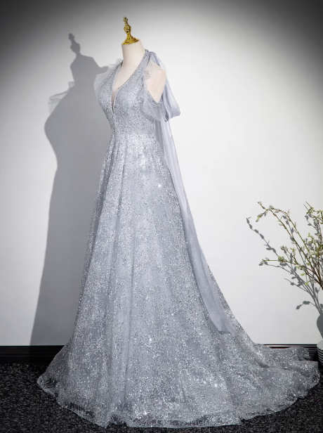 A-line V-neck mesh sequin long prom dress evening dress