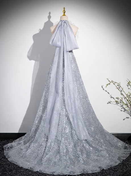 A-line V-neck mesh sequin long prom dress evening dress