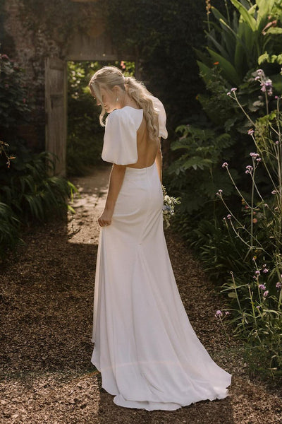 Elegant Mermaid V Neck Half Sleeves Satin Wedding Dresses