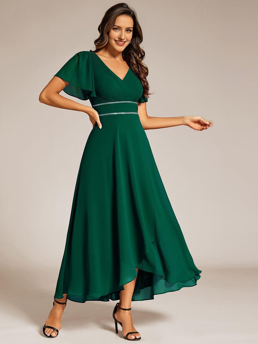 Double V-Neck Waist Trimmed Chiffon Mother of the Bride Dress