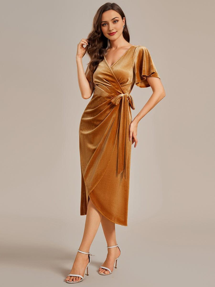 One-Piece Type Short Sleeves V-Neck Velvet Midi Mother of the Bride Dress