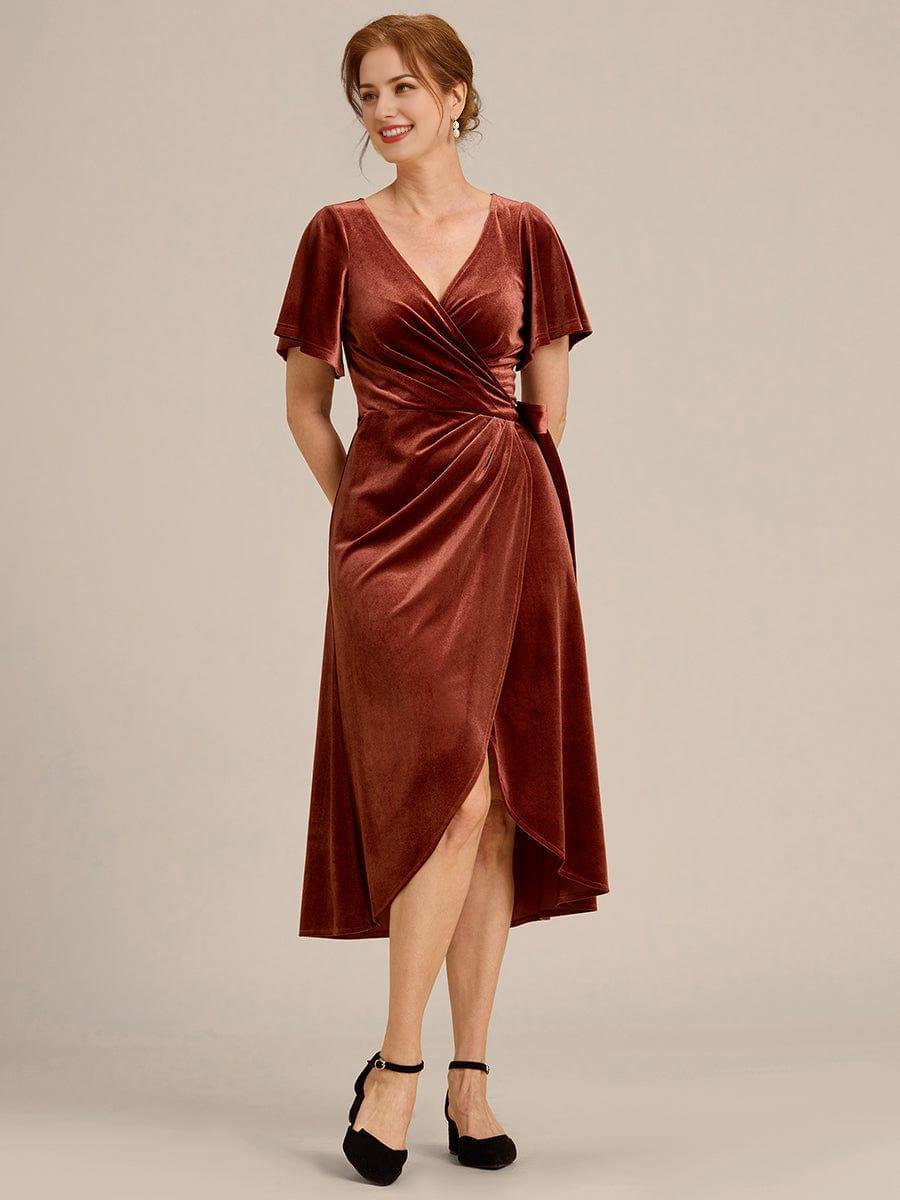 One-Piece Type Short Sleeves V-Neck Velvet Midi Mother of the Bride Dress