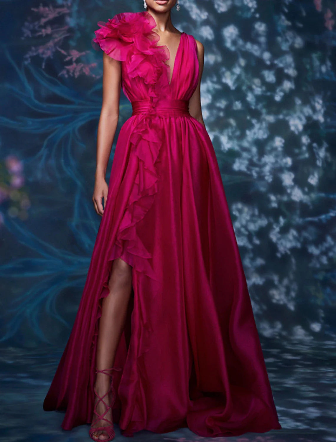 A-Line Evening Gown Celebrity Style Dress Formal Wedding Guest Floor Length Sleeveless V Neck Chiffon