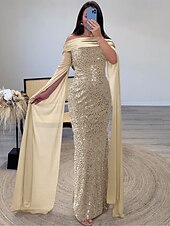 Evening Gown Sequin Elegant Dress Formal Floor Length Long Sleeve Off Shoulder Champagne Mother Of the Bride Dress with Glitter Shawl Masquerade Dress