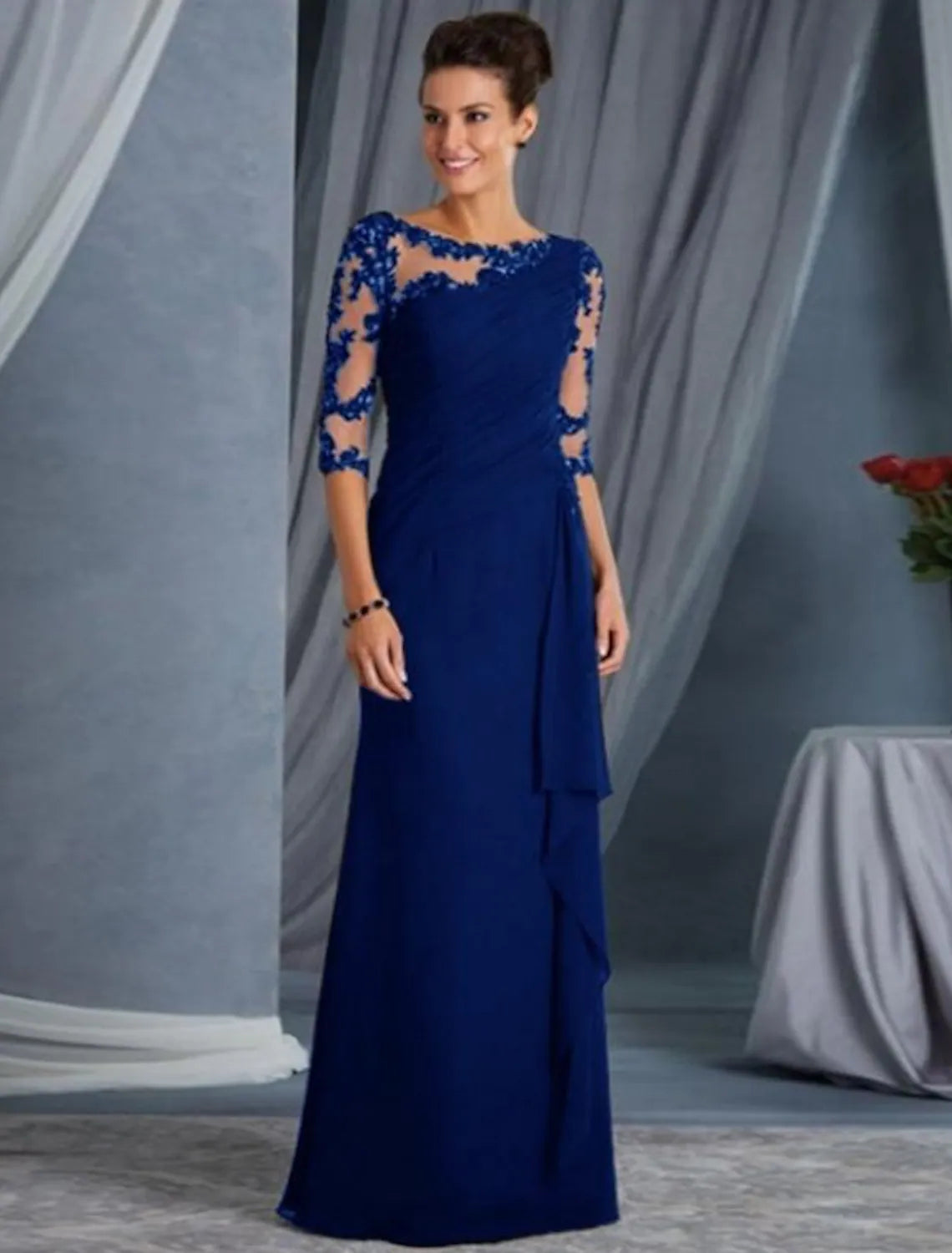Evening Gown Elegant Dress Wedding Guest Floor Length Half Sleeve Lace Appliques
