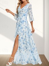A-Line Mother of the Bride Dress Wedding Guest Elegant V Neck Floor Length Chiffon 3/4 Length Sleeve with Pleats Ruched Split Front Wedding Guest Dress