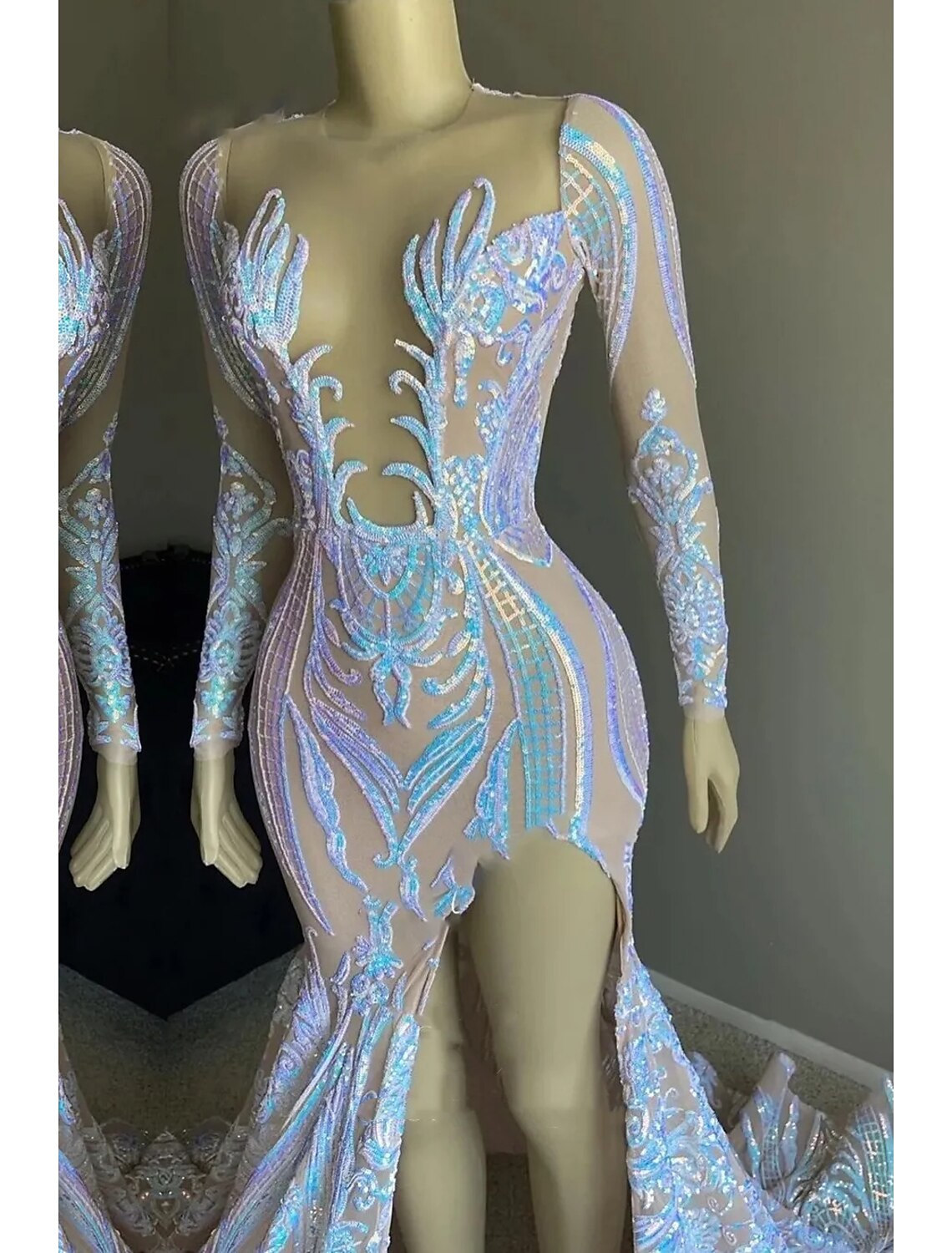 Evening Gown Floral Dress Formal Chapel Train Long Sleeve V Neck Sequined Backless with Sequin Slit