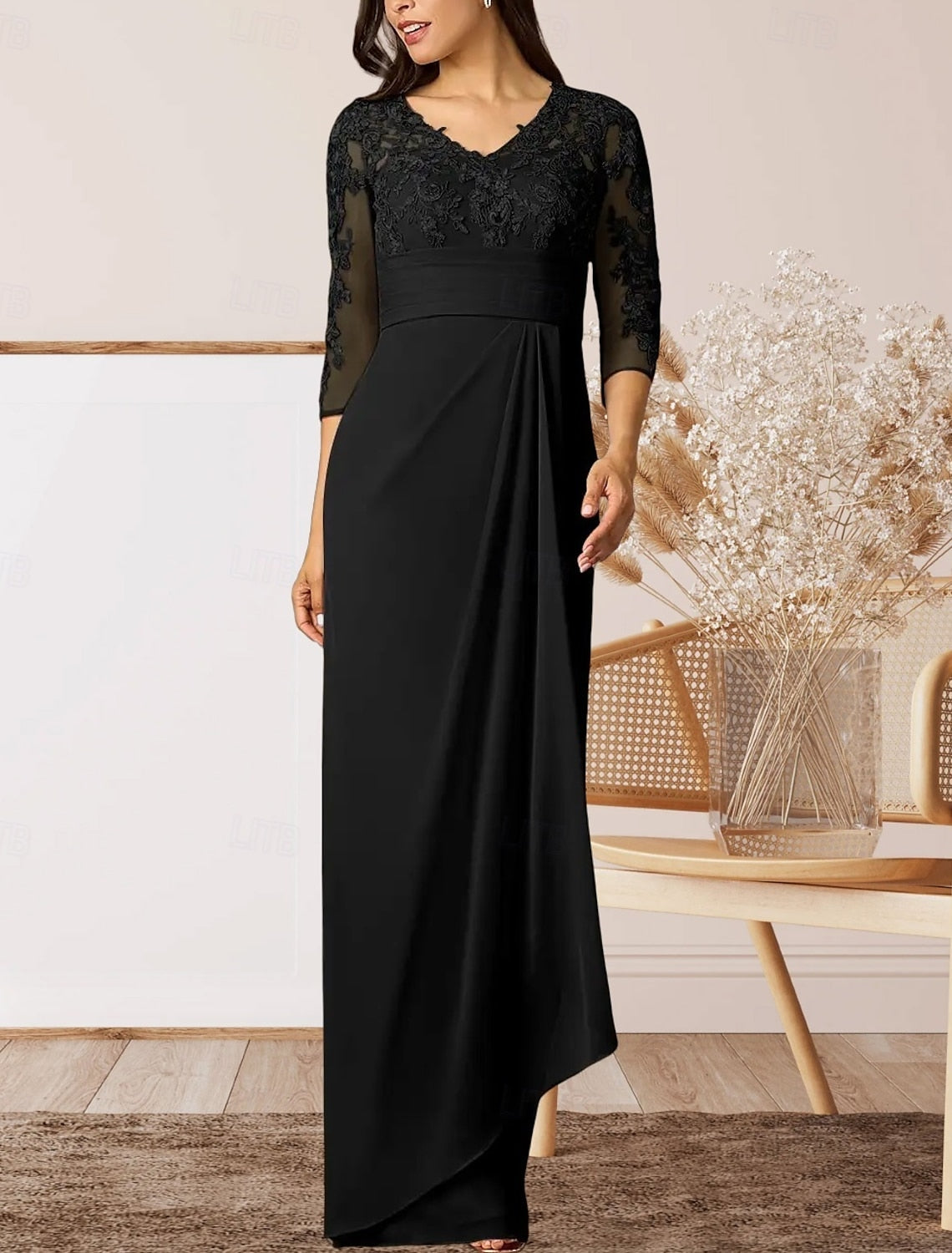 Sheath / Column Mother of the Bride Dress Wedding Guest Elegant High Split V Neck Floor Length Chiffon 3/4 Length Sleeve with Ruffles Appliques Ruching