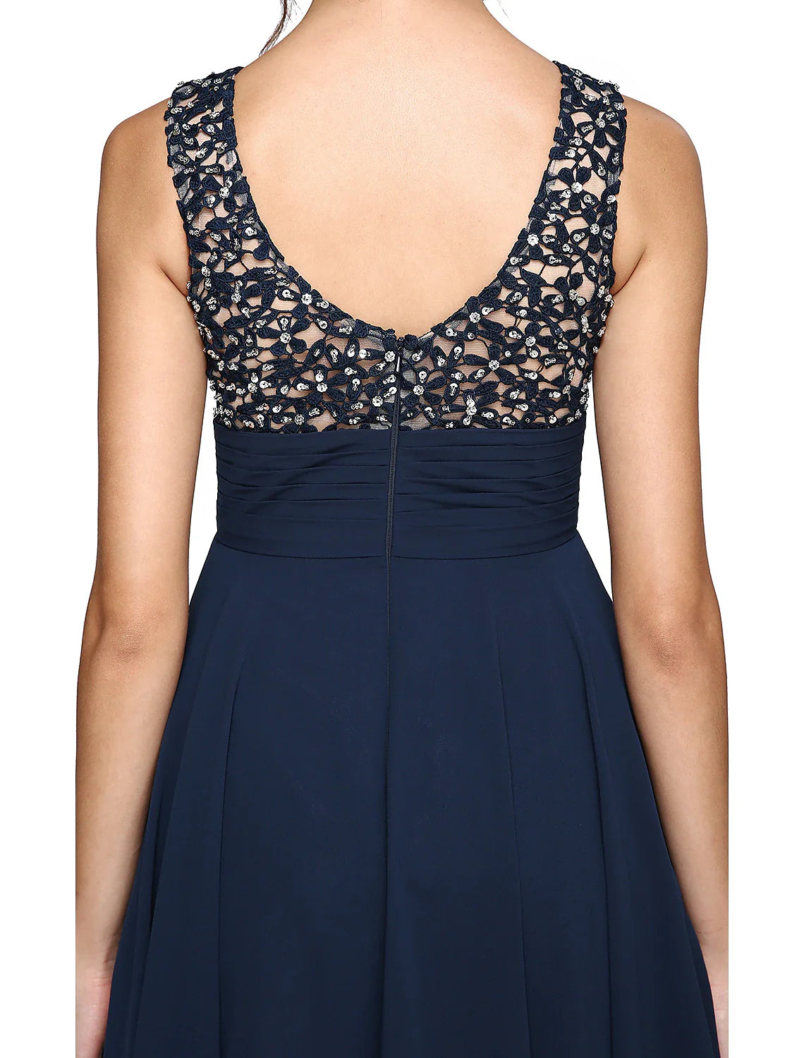 A-Line Cocktail Dresses Party Dress Wedding Guest Cocktail Party Knee Length Sleeveless Illusion Neck Chiffon with Ruched Sequin Lace