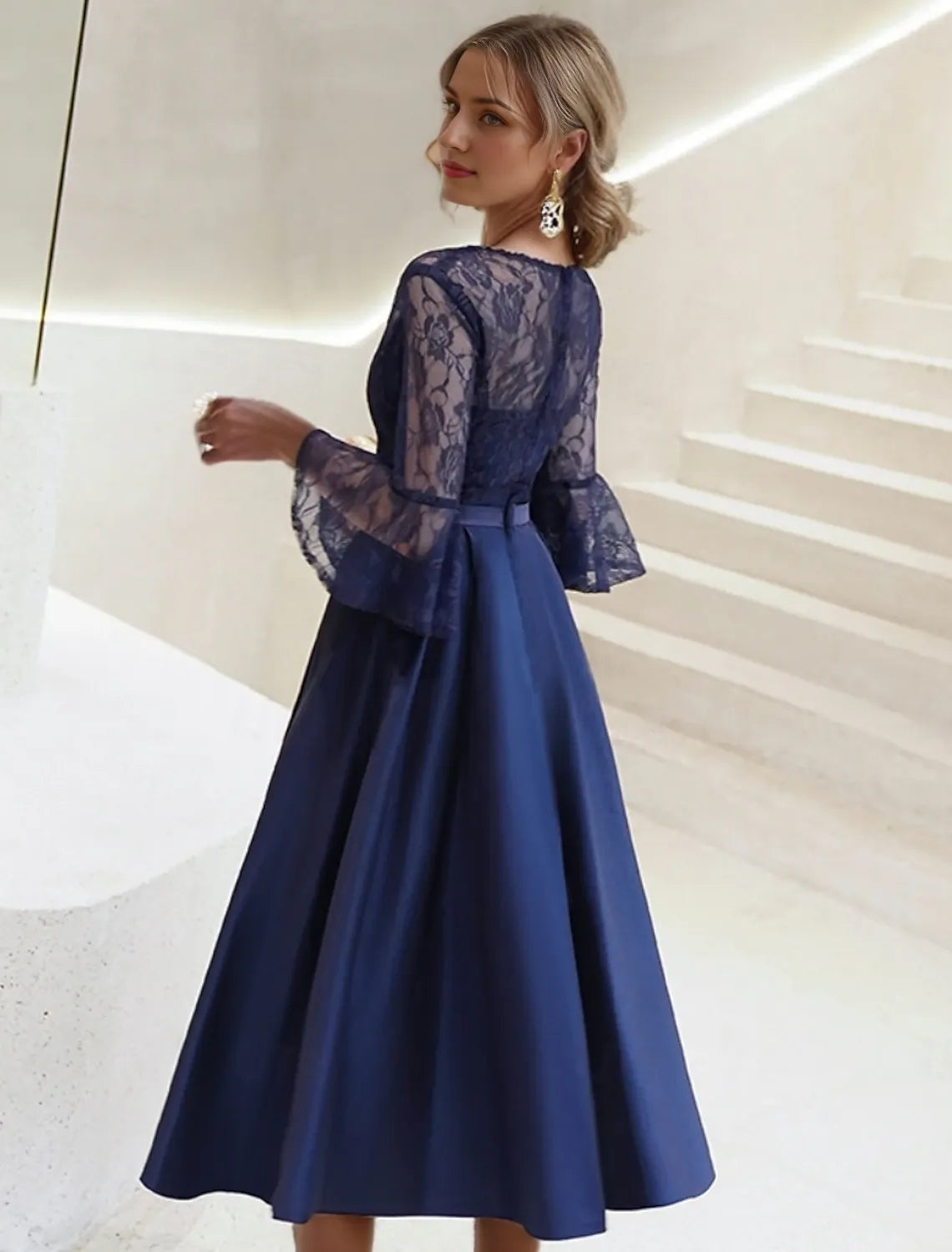 A-Line Dress Mother of the Bride Dress Formal Elegant Vintage Illusion Neck Jewel Neck Ankle Length Satin Lace 3/4 Length Sleeve with Lace Solid Color