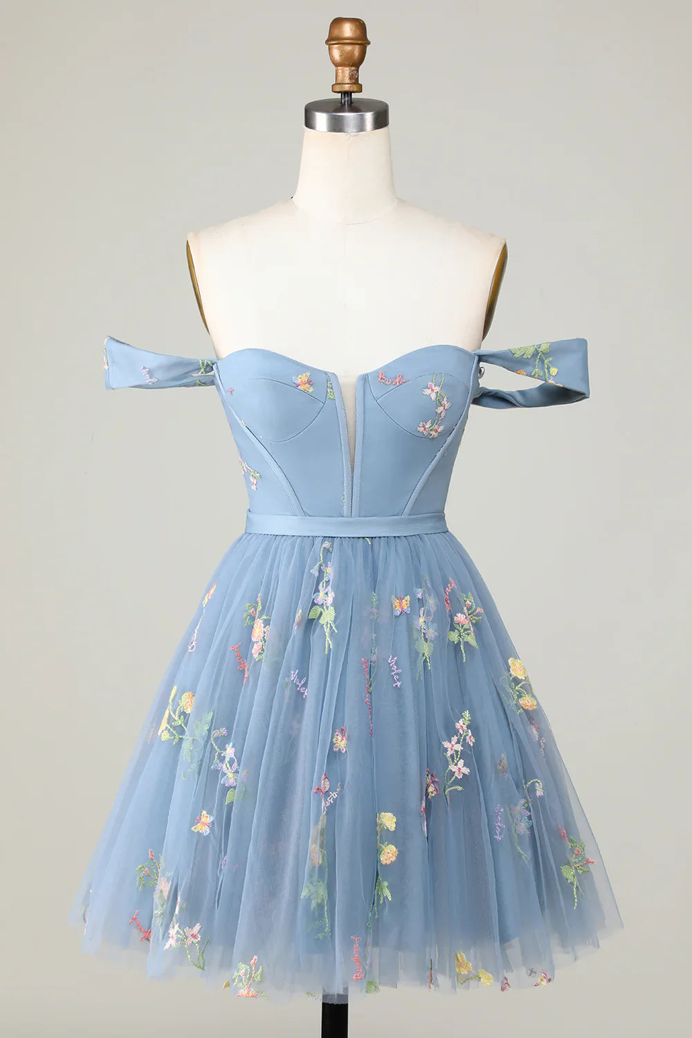 DingJiDress Cute A Line Sweetheart Grey Blue Short Homecoming Dress with Embroidery