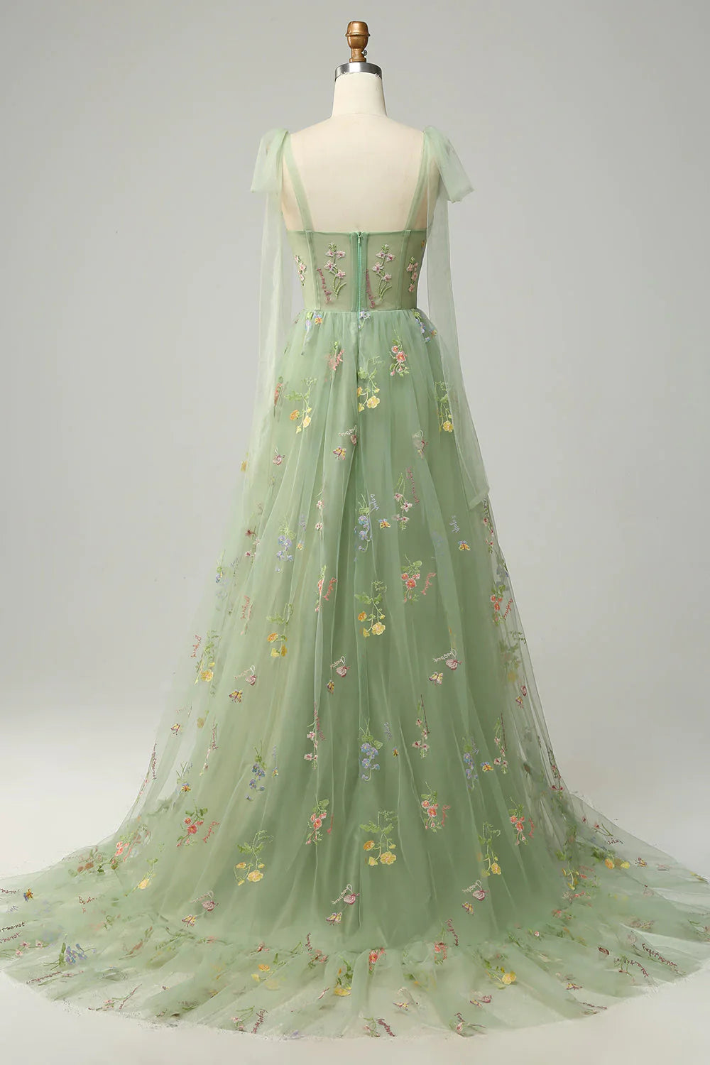 DingJiDress Green Tulle A Line Corset Plus Size Prom Dress with Embroidered