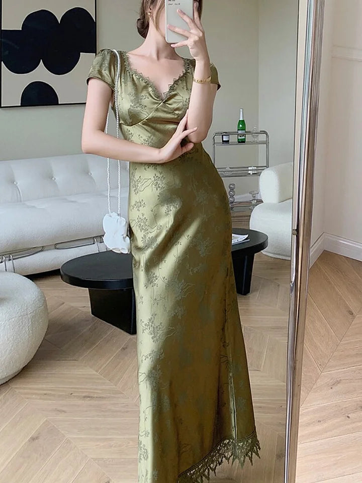 Elegant Women Green Satin Backless Evening Dress Ladies Lace Bandage Vintage Jacquard Dresses Party Summer Robe