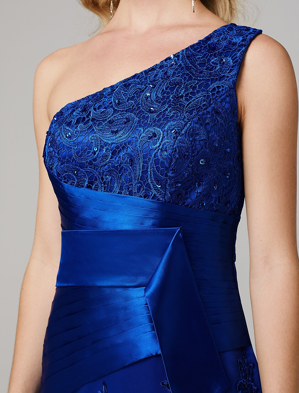 Elegant Dress Holiday Floor Length Sleeveless One Shoulder Lace Over Tulle with
