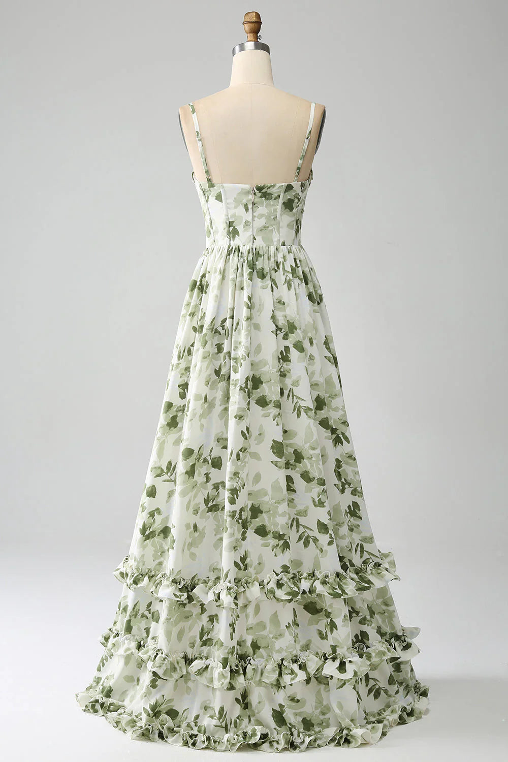 DingJiDress Green A-Line Spaghetti Straps Printed Pleated Long Prom Dress With Slit