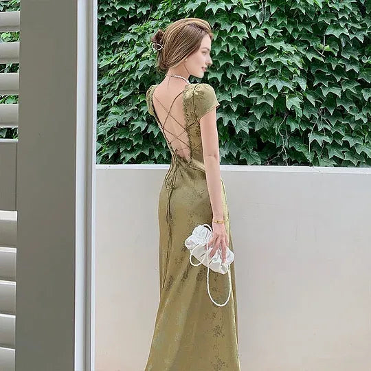 Elegant Women Green Satin Backless Evening Dress Ladies Lace Bandage Vintage Jacquard Dresses Party Summer Robe