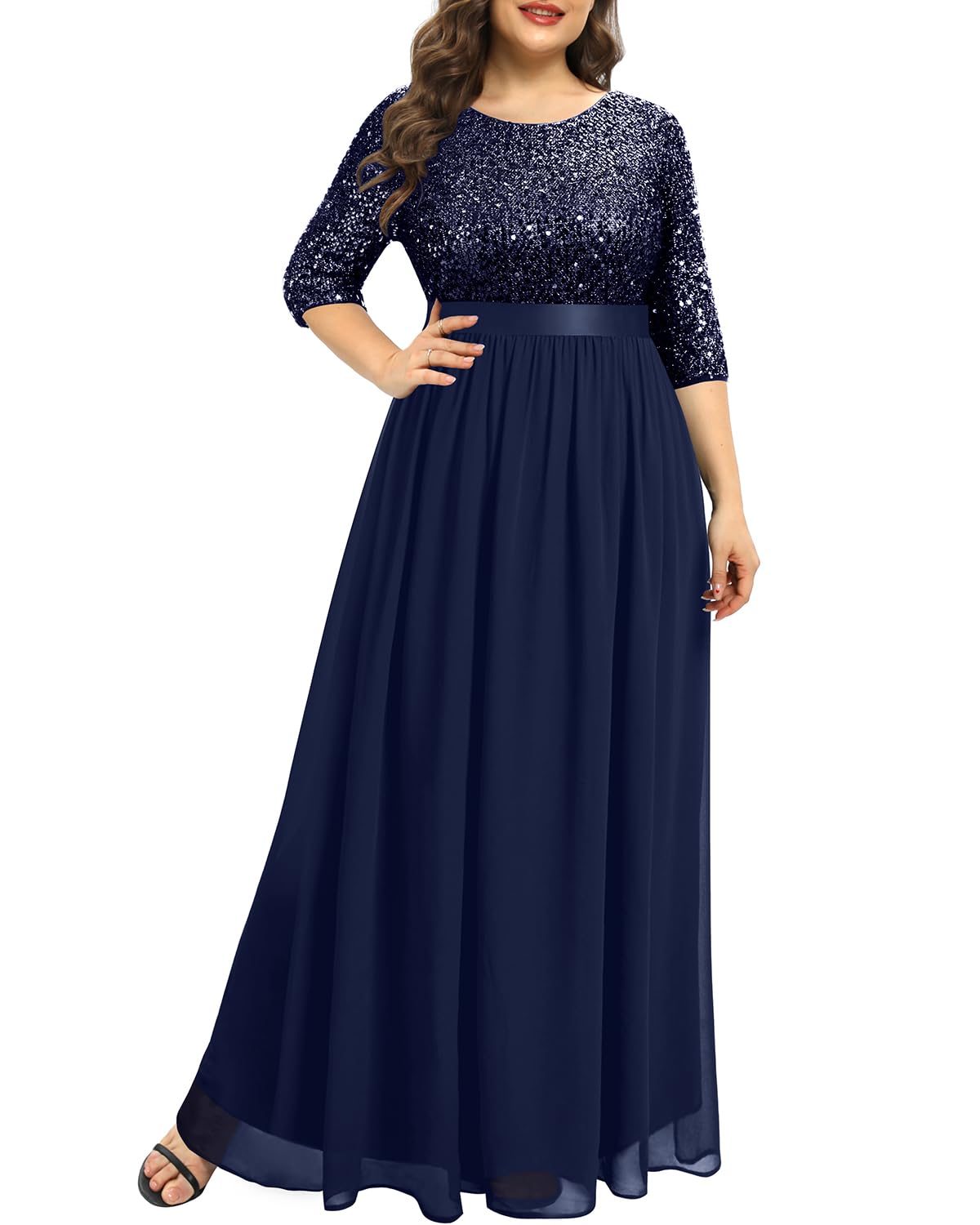 DingJiDress Mother of the Groom / Bride Dresses Plus Size sequin Chiffon Long Maxi 3/4 Sleeve V-Back Formal Dress Formal Dresses Wedding Guest Dress