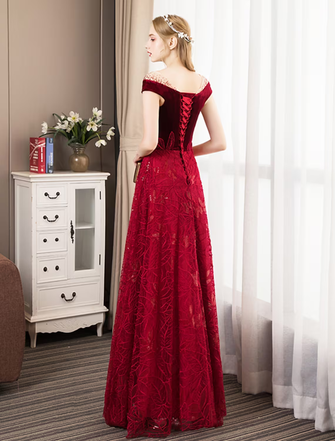 A-Line Prom Dresses Glittering Dress Engagement Floor Length Short Sleeve Jewel Neck Tulle with Pleats Crystals Pattern Print