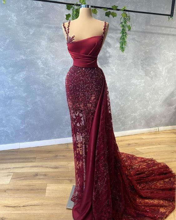 Wine red satin long floor length ball gown and evening gown