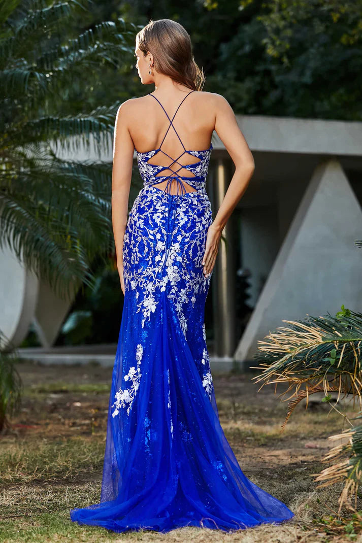 DingJiDress Formal Women's Dresses V-neck Spaghetti Straps Mermaid Slit Tulle Backless Lace Applique Lace Up Sweep Train Prom Dresses