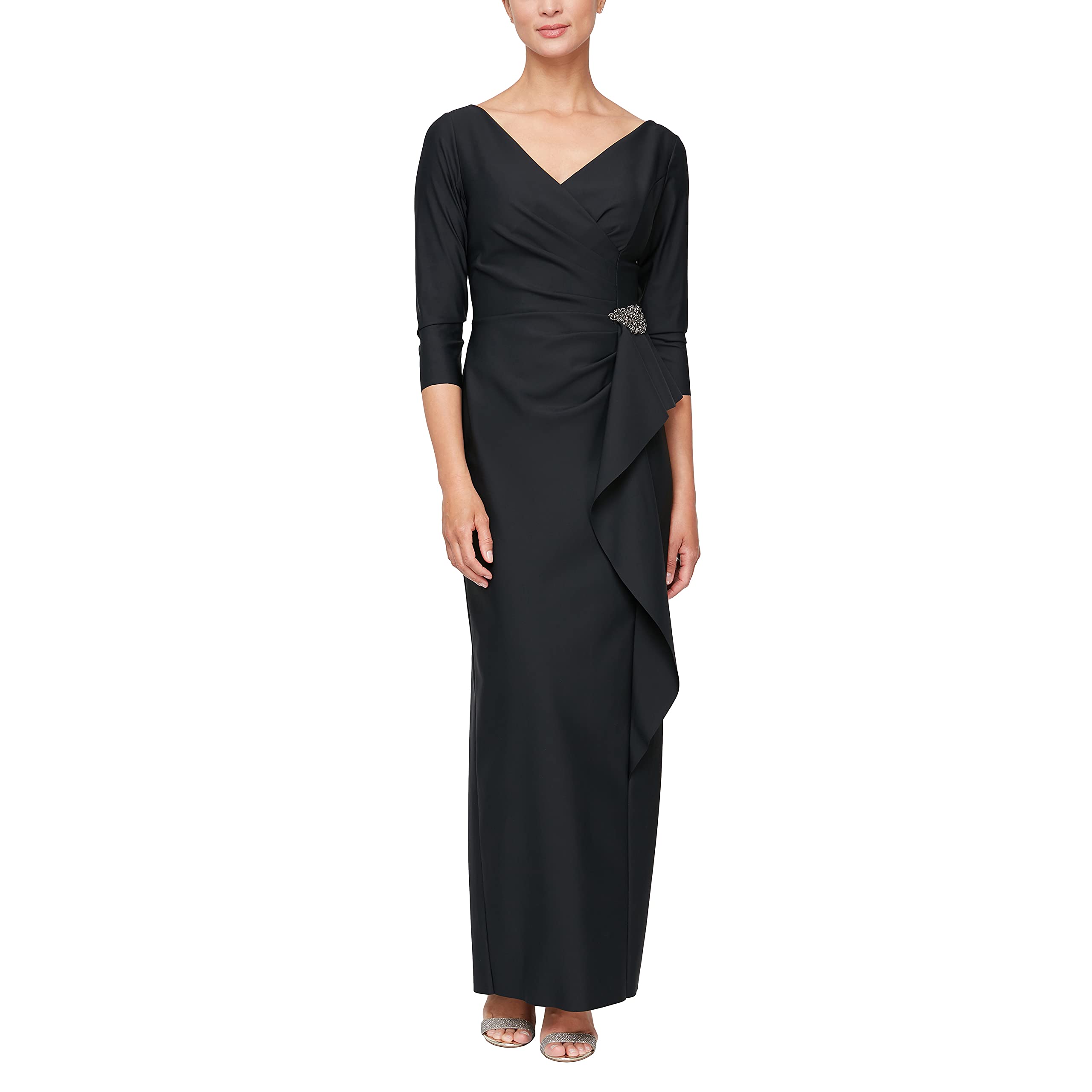 DingJiDress Mother of the Groom / Bride Dresses Slimming Long Length Long Sleeve Cascade Ruffle Skirt and Side Ruching Formal Dresses Wedding Guest Dress