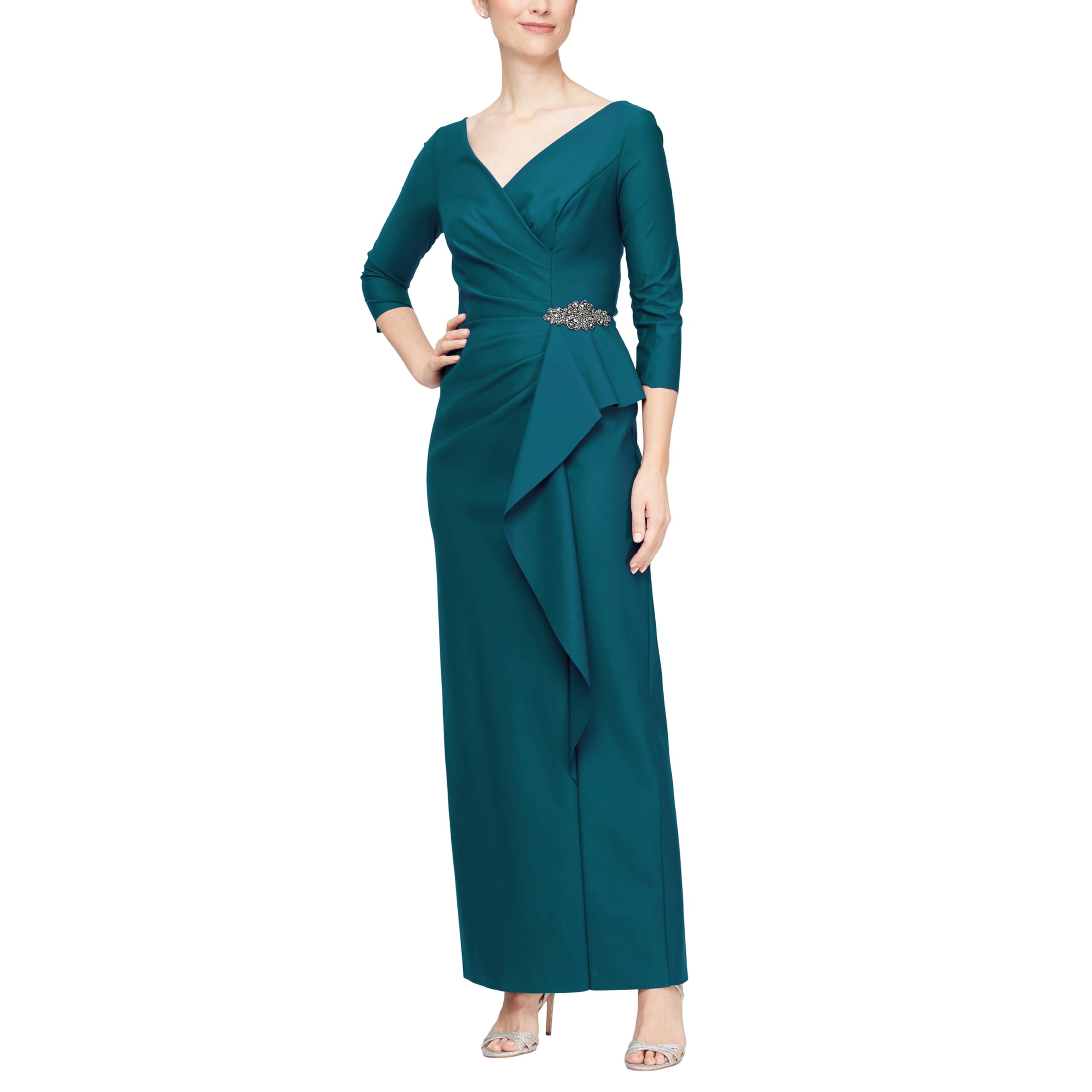 DingJiDress Mother of the Groom / Bride Dresses Slimming Long Length Long Sleeve Cascade Ruffle Skirt and Side Ruching Formal Dresses Wedding Guest Dress
