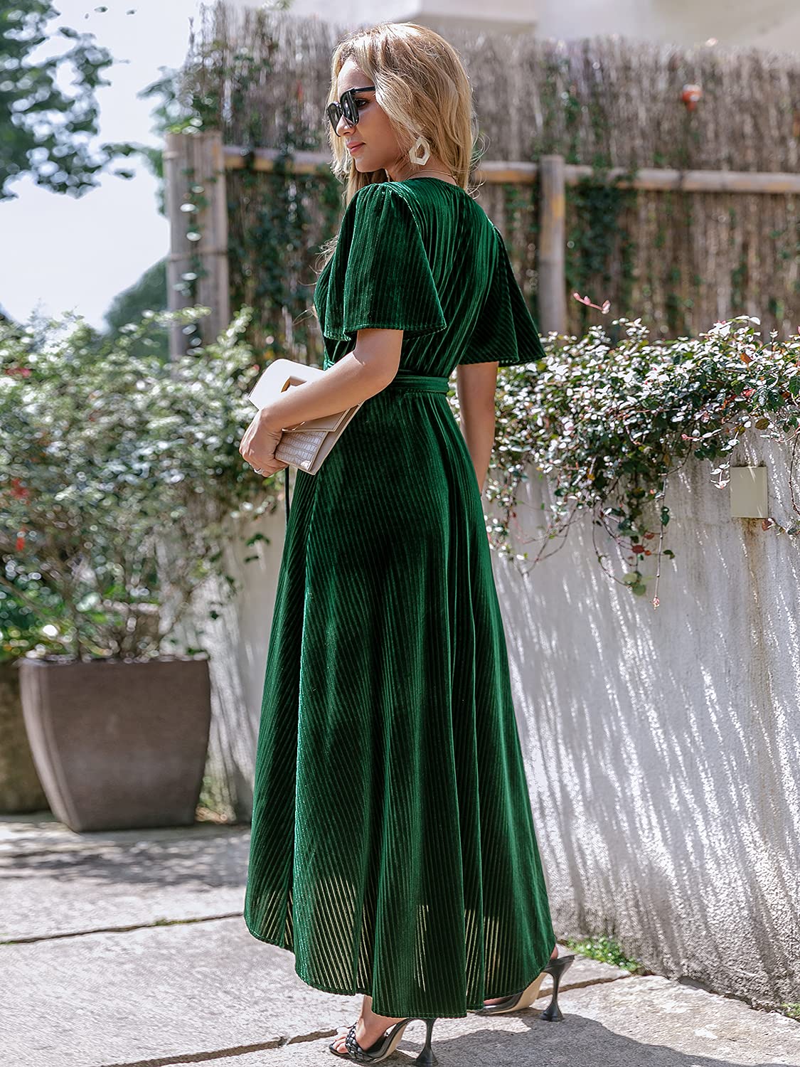 DingJiDress Wedding Guest Dress Women's Velvet V Neck Short Sleeve Wrap Maxi Dress Formal Wear Dresses Evening Dress