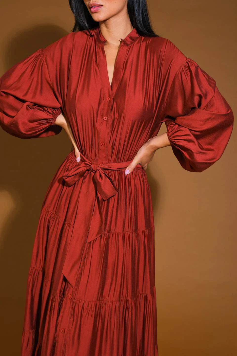 DingJiDress November December Wedding Guest Dress V Neckline Long Sleeve Button Down Elasticized Waist With Self Sash Tie Formal Party Dress