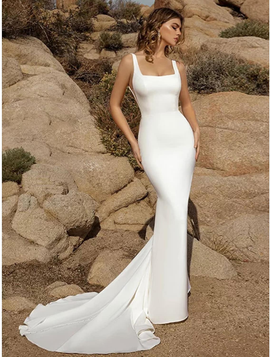 Beach Open Back Casual Wedding Dresses Sleeveless  Stretch Fabric Buttons