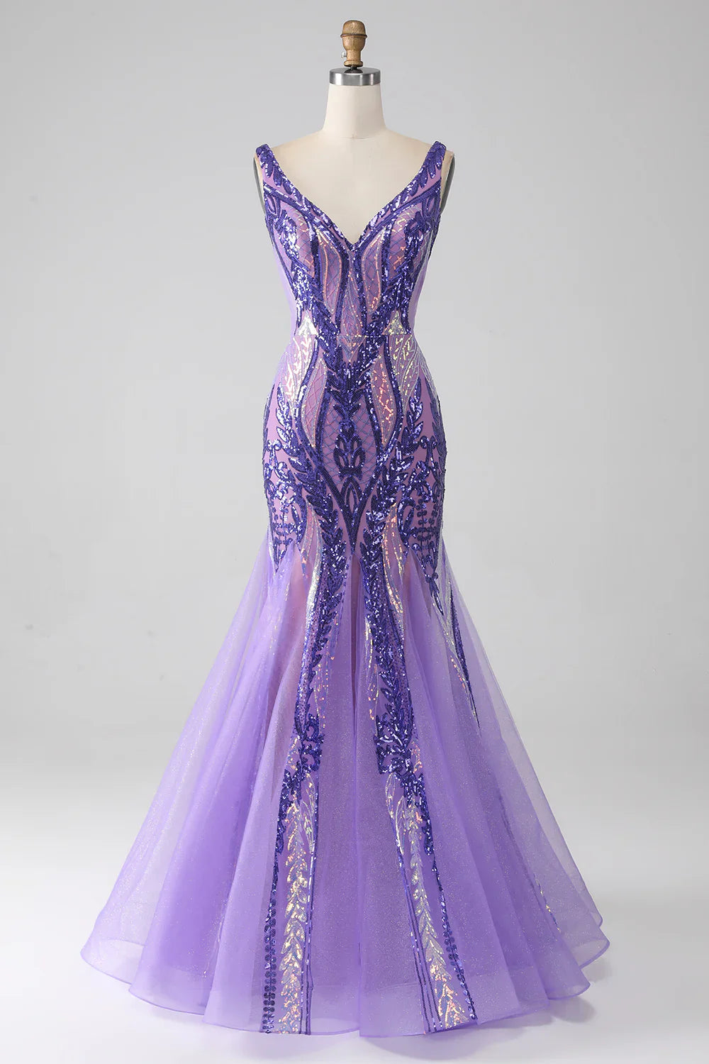 DingJiDress Sparkly Purple Mermaid V Neck Sequins Long Prom Dress