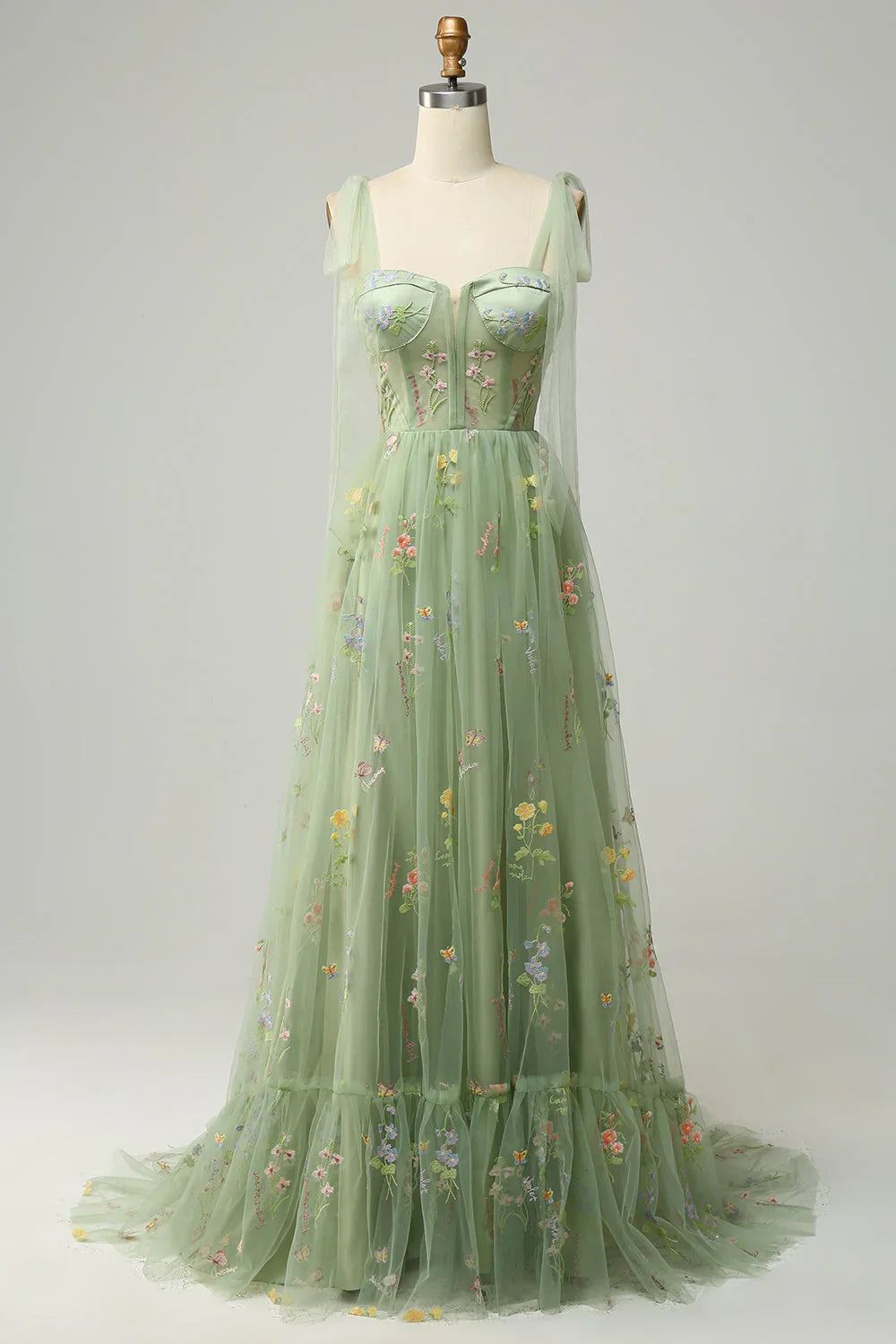 DingJiDress Green Tulle A Line Corset Plus Size Prom Dress with Embroidered