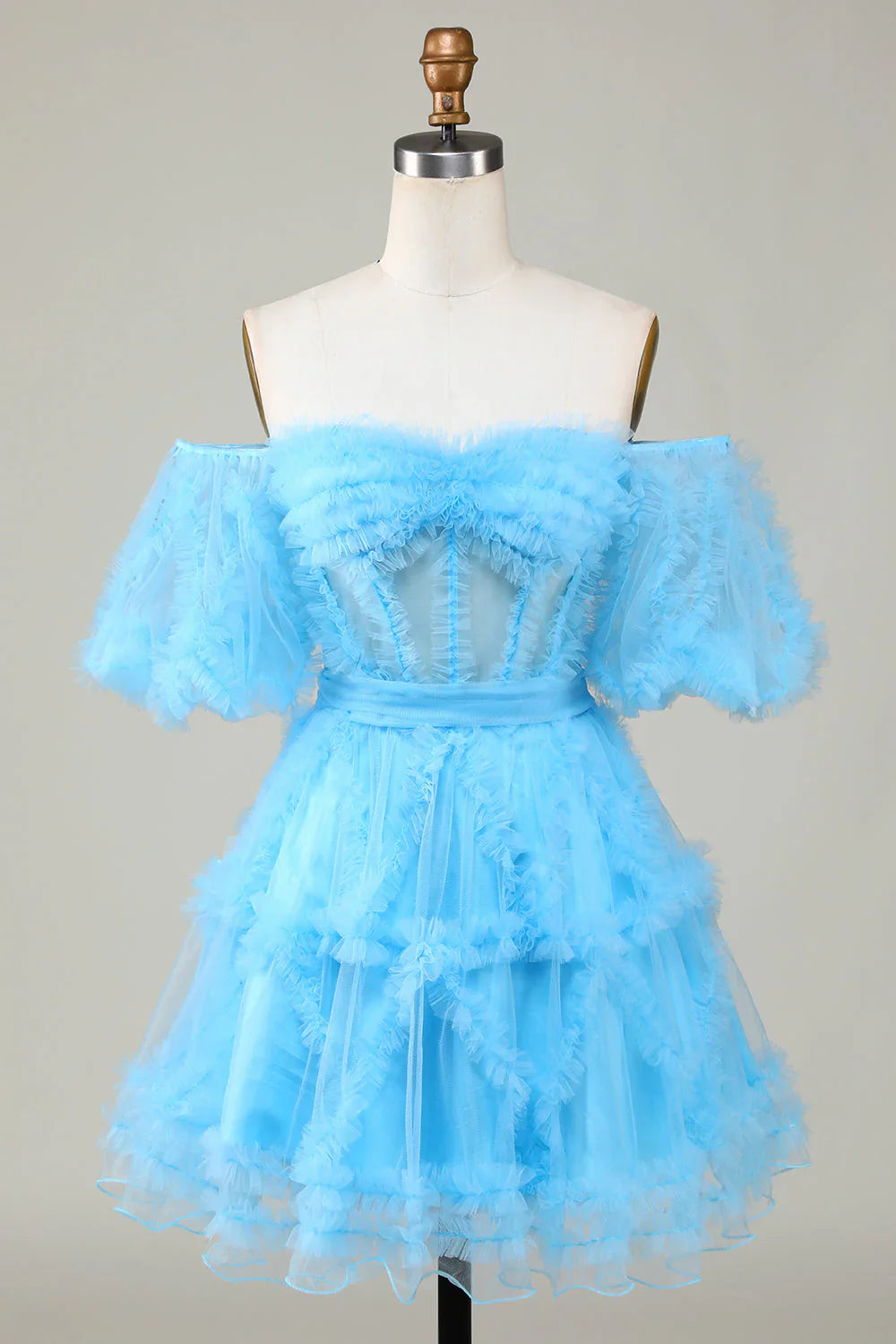 DingJiDress Cute A line Blush Tulle Off The Shoulder Short Homecoming Dress