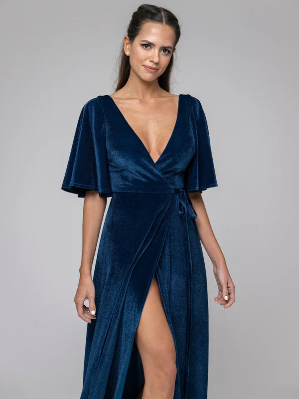 DingJiDress Flutter Sleeve Velvet Wrap Maxi Dress Bridesmaid Dresses