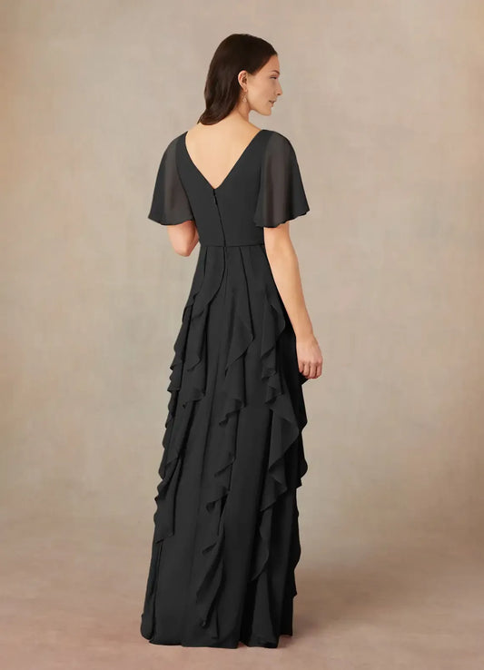 formal Black Mother of the Bride Dress with Sheer Flutter Sleeves V - Neckline and Tiered Ruffle Skirt Detailing