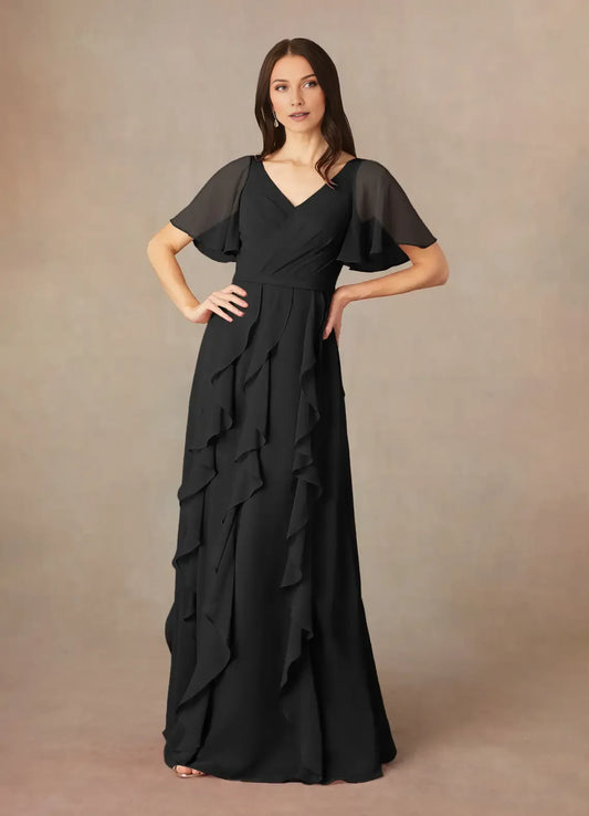 formal Black Mother of the Bride Dress with Sheer Flutter Sleeves V - Neckline and Tiered Ruffle Skirt Detailing