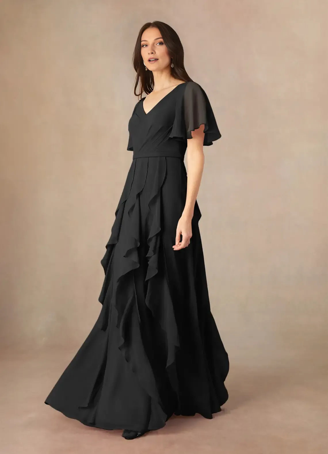 formal Black Mother of the Bride Dress with Sheer Flutter Sleeves V - Neckline and Tiered Ruffle Skirt Detailing